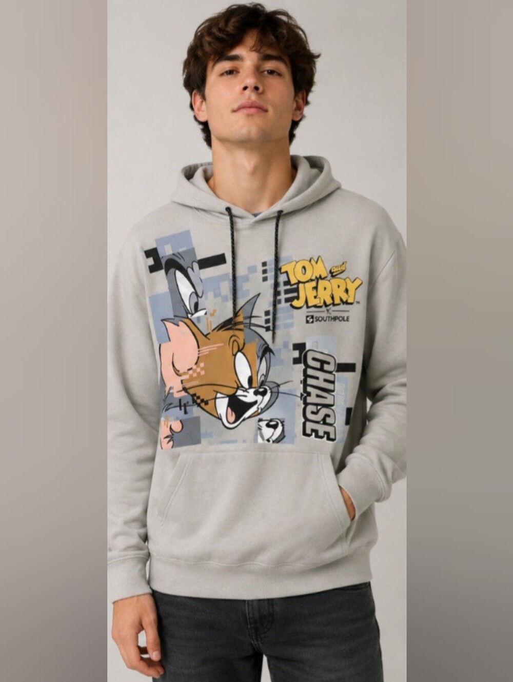TOM AND JERRY HOODIE Mens Long Sleeve Pull Over Ivory Casual Winter